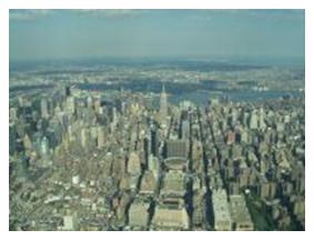 Looking east at Madison Square Gardens and the Empire State Building
